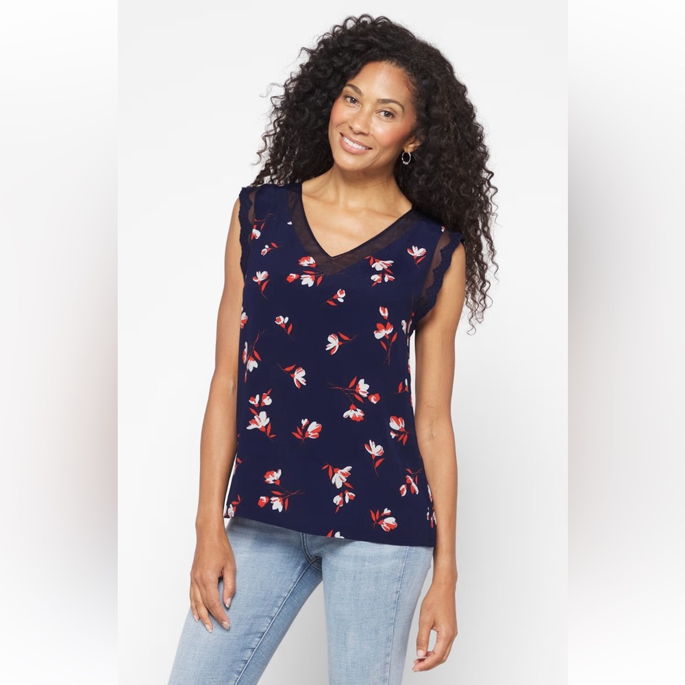 Daniel Rainn Navy Sleeveless Lace Trim Blouse - Picture 1 of 8